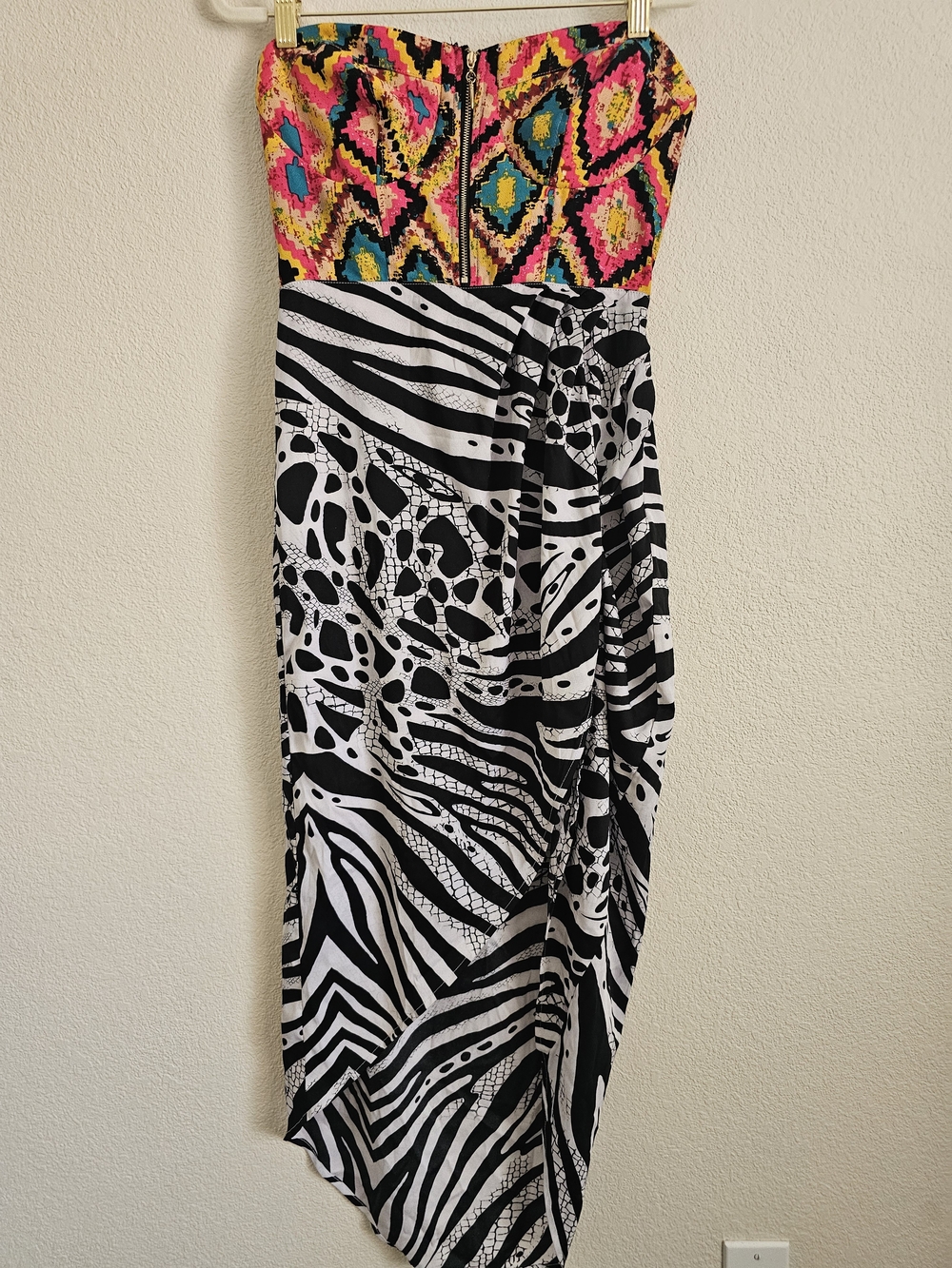2B Bebe Strapless Mixed-Print Dress in Neon Pink, Yellow, Teal & Black/White